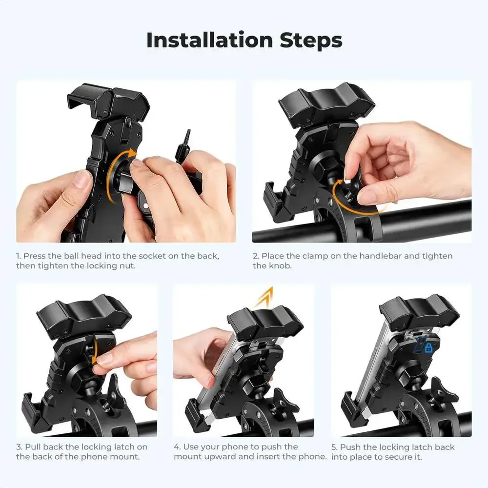Motorcycle Phone Mount, Bike Phone Holder, 360 Degree Adjustable Handlebar Clamp